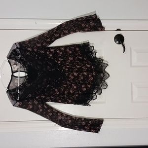 Self Esteem Sheer Floral Embroidered Crochet Top Blouse Flutter Long-Sleeve